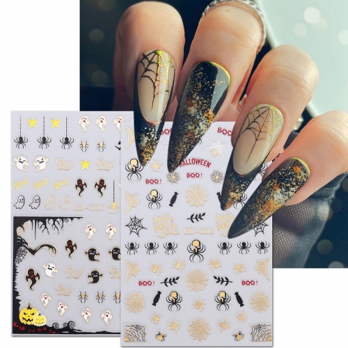 1Pcs Halloween Nail Art Sticker 3D Laser Silver Bronzing Self-adhesive Cartoon Ghost Skull Spider Web Cute Decals Slider DIY Manicure