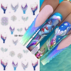 1 Pcs 5D Realistic Relief Magic Colorful Magic Mermaid Fish Tail Adheisve Nail Art Stickers Decals Manicure