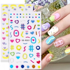 1 Pcs Cartoon Embossed Letter Nails Stickers Colorful Cute Heart Lines Patterns Hand Drawing Nail Sticker