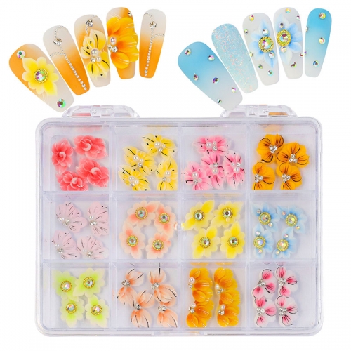 48pcs/Box Handcarved Nail Accessories For Nail Art Decoration Fresh Resin Simulated Flower Nail Decoration Set