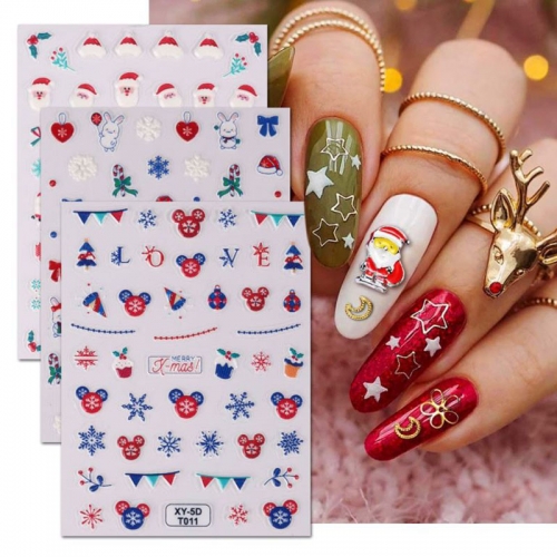 1pcs 5D Christmas Nail Stickers Deer Santa Claus Winter Snowy Tree Embossed Sliders Cute Cartoon New Year Decals 