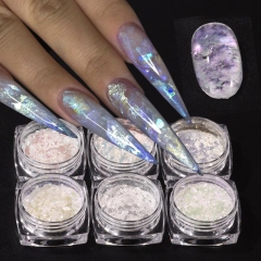 6Colors/Set Aurora Pearl Opal Powder Nail Glitter Iridescent Crystal Brocade Flakes Unicorn Charm Sequins Manicure Decoration Slice