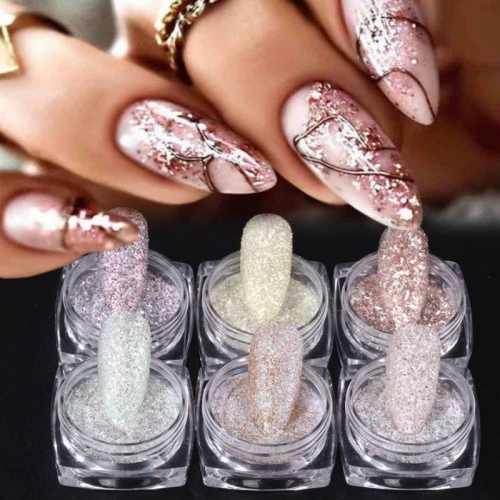 6jars/set Nail Glitter Nail Powder Holographic Iridescent Autumn Winter Shiny Chrome Rubbing on Dust Pigment DIY Nail Decor