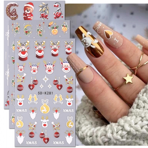 1 Pcs Cartoon Santa Claus Nail Stickers Embossed Snowflake Flower 5D Stickers Christmas Nail Art Decoration Nail Sticker