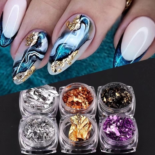 6jars/set Gold Leaf For Nails Holographic Foil Irregular Flakes Glitter Nail Art Silver Sequins Chrome Powder  Decoration