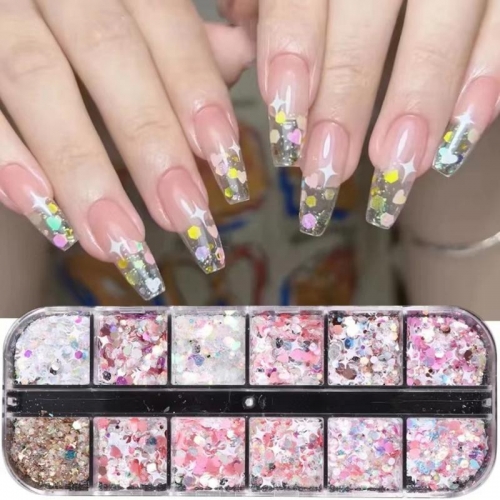 12Grids/box Colorful Holographic Nail Glitter Pink Series Heart Star Hexagon Sequins Flakes Supplies Manicure Decorocation