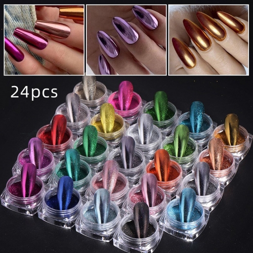 24jars/set Nail Art Magic Mirror Powder Laser Charm Pigment Glitter Holographic Chrome Dust Rub On Nails Sparkly Decorations For Manicure