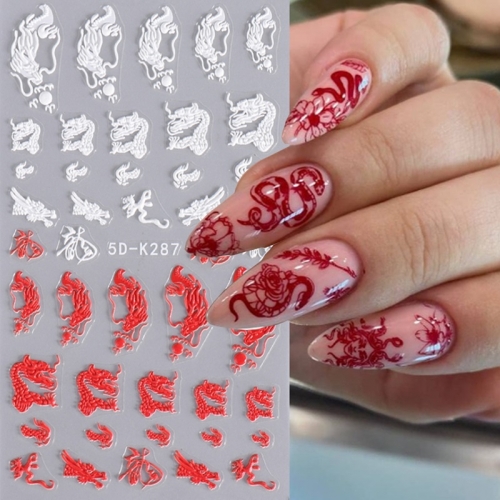 1Pcs 5D Dragon Snake Nail Stickers Black White Style Self Adhesive Slider Bamboo Chinese Character Nails Art Decoration Decals Wraps