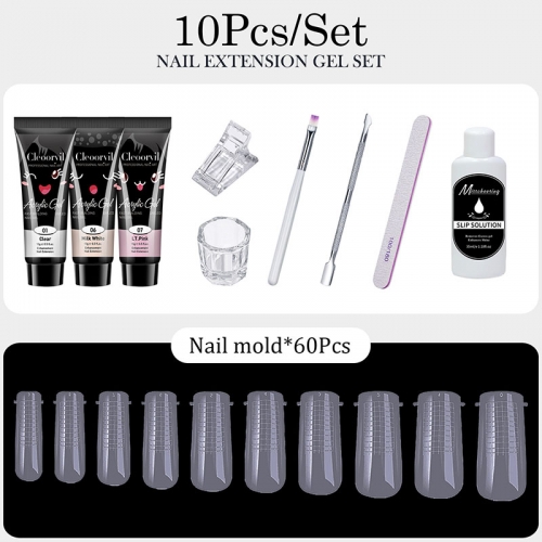 10Pcs/Set 15ml Poly Nail Gel Full Kit Starter Soak Off UV Gel Acrylic White Clear Pink Gel Nail Polish Poly Nail Extension Gel Set