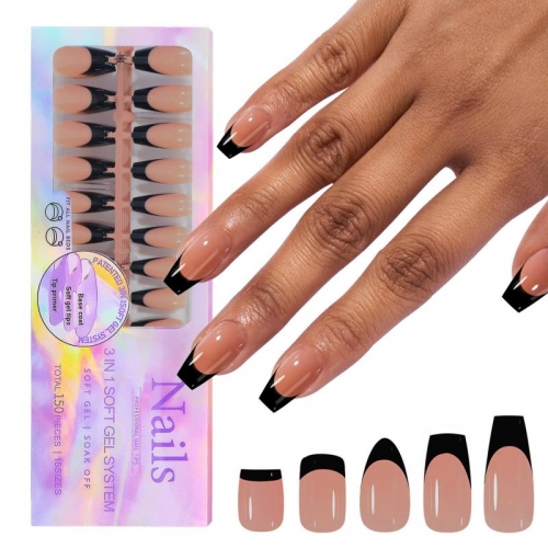 150pcs/box French Coffee Black False Nail Press On Acrylic Nails Almond Removable Nails Art Tools For DIY Manicure Design