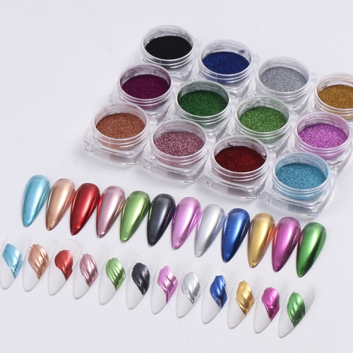 12jars/set Metallic Mirror Powder Nail Art Pigment Dust Laser Aurora Fairy Iridescence Rubbing Glitter Decorations