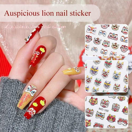 1 Pcs 5D Embossed Nail Art Stickers Chinese New Year Lion Dance Cute Cartoon Designs Relief Decals Manicure Supplies Nail Sticker