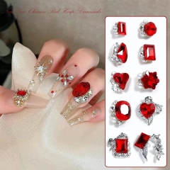 10pcs/pack Red Multi-Shape Nails Rhinestones Kit Nail Decoration Vantage Heart Diamond Bead Nails Charms 3D DIY Manicure Tools