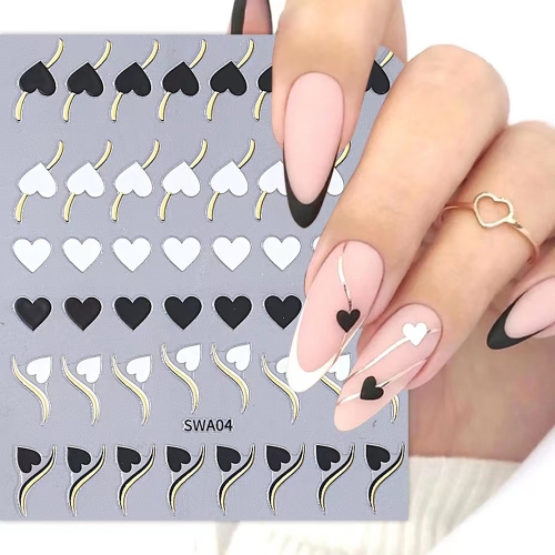 1 Pcs French Line Heart Nail Art Stickers Metal Curved Strip Black Red Love Valentine's Theme Decals Manicure Nail Sticker