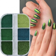 1 Box 6 Grids Green Magic Mirror Nail Glitter Powder Spring Charm Manicure Decor Nail Powder