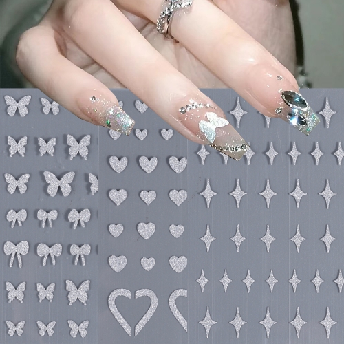 1 Pcs Glitter Diamond 3D Nail Stickers Silver Butterfly Stars Design Laser Love Heart Sparkly Nails Decoration Nail Sticker