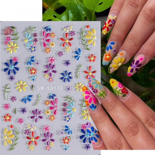 1Pcs  Embossed Flower Colorful Nail Stickers Simple DIY Wildflower Sliders Sunflower Daisy Spring Engraved Art Manicure Decals