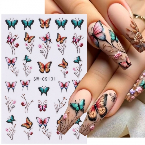 1 Pcs Purple Flowers Nail Art Stickers Blue Pink Butterfly Florals Tulip Lavender Nail Stickers Spring Decals Decoration