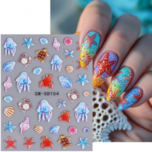 1Pcs Starfish Summer Sea Shell 5D Nail Sticker Engraved Nails Stickers Beach Jellyfish Decals Shell Summer Backgrand