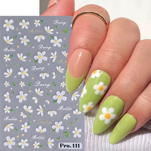 1Pcs Daisy Flower Nail Art Stickers  Cute Floral Embossed Decal Adhesive White Small Flower Manicure Sliders