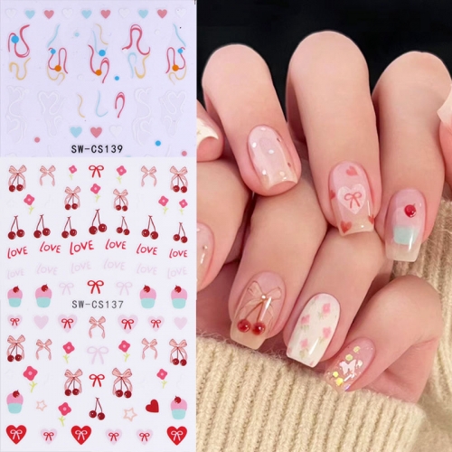 1pcs Cherry Fruit Nail Art Stickers Summer Bow Line Self Adhesive DIY Decals Nail Art Decoration Slider Manicure Accessorie