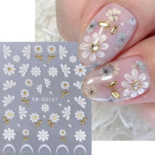 1pcs 5D Clear Crystal Flowers Nail Embossed Sticker Gold Plant Simple Sunflowers Design Adhesive Sliders Summer Charm Floral Manicure