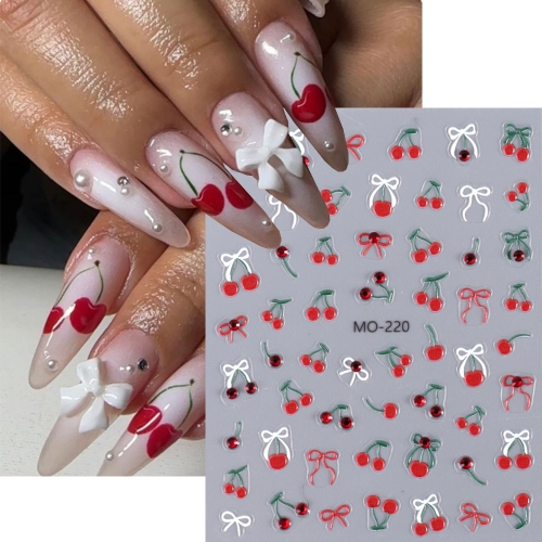 1pcs Nail Stickers for Nails Summer Fruit Art Slider Charm Cherry Bow Design Decoration Adhesive Decal Emboss DIY Manicure Accessories