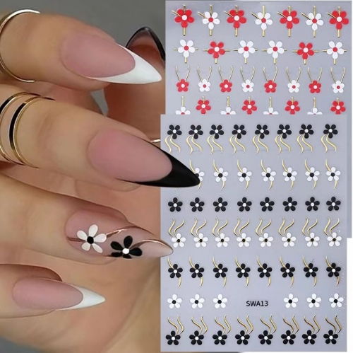 1pcs Pentapetal Flower Nail Art Sticker Black White Daisy Flower Nail Slider Hollow Metal Line Nail Decals