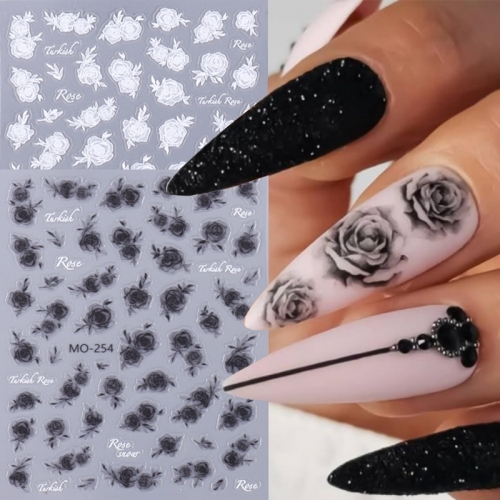 1 Pcs Flowers Nail Stickers White Red Black Rose Decals Letters Floral Leaf Nail Sliders Charms Manicure Decor