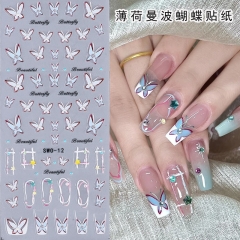 1pcs Summer Butterfly Nails Stickers Mint Green Pink Butterflies Rhinestone 5D Design Nail Sliders Splicing Manicure Applique