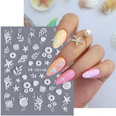 1pcs 5D Realistic Relief Pearl Diamonds Laser White Starfish Shell Ocean World Adheisve Nail Art Stickers Decals Manicure Ornaments