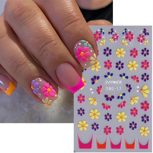 1pcs 5D Embossed Nail Art Decals Blue Yellow Pink Purple Daisy Flowers French Tips Adhesive Sliders Nail Stickers Decoration Manicure