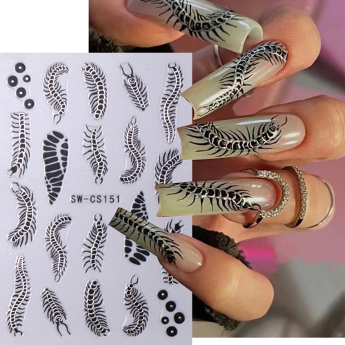 1pcs Black Silver Centipede Nail Art Stickers 3D Metallic Snake Skin Leopard Print Animal Halloween Ghost Slider Nail Decoration