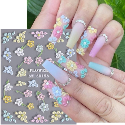 1pcs 5D Embossed Flower Colorful Nail Stickers Simple DIY Wildflower Sliders Sunflower Daisy Spring Engraved Art Manicure Decals