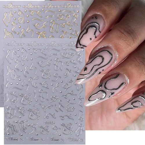 1pcs Irregular French Tips Nail Stickers 3D Gold Silver Curve Stripe Lines Tape Swirl Sliders Manicure Adhesive Gel Nail Art Decals