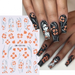 1pcs Halloween Pink Pumpkin Nail Stickers Skull Ghost Nail Slider Blood Spider Nail Decals Hibiscus Flower Art Decorations