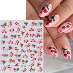 1pcs Summer Cherry Nail Stickers Red Blossom Cherry Floral Design Shiny Gems Embossed Adhesive Decals Manicure Decor Foils