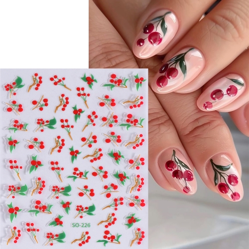 1pcs Summer Cherry Nail Stickers Red Blossom Cherry Floral Design Shiny Gems Embossed Adhesive Decals Manicure Decor Foils