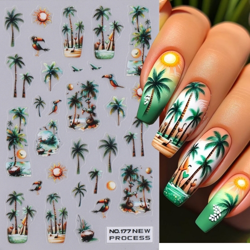 1pcs Coconut Tree Nail Sticker Jellyfish Palm Leaves Flower Sliders For Manicure Summer Beach Ocean Nail Decals Deco