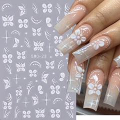 1pcs Hibiscus Flower Nail Embossed Sticker Acrylic White Petal Leaf Adhesive Decal Floral Elegant Decor Foil