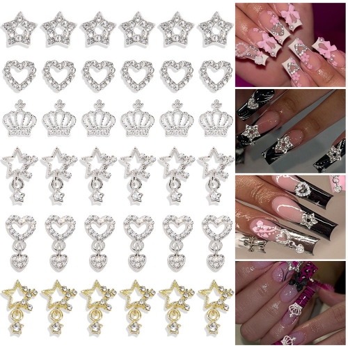 1 Bag Diamonded Crown Heart Star Pendant Alloy Jewel Nail Art Rhinestone Decoration Manicure Charms Nail Accessories