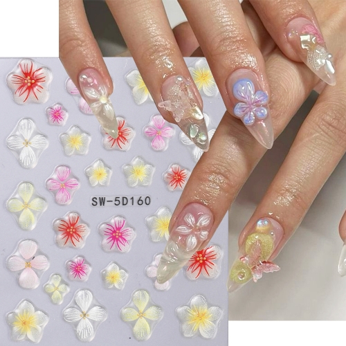 1pcs  5D Orchid Rose Flower Nail Sticker Decals Summer Design Floral Embossed Self-adhesive Nail Art Slider Supplies Manicure Decor