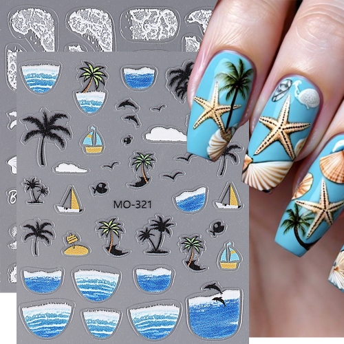 1pcs Summer Ocean Wave Nail Stickers Starfish Shell Coconut Palm Tree Decals Beach Vacation Sliders Charms Manicure Decors