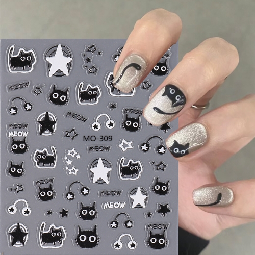 1pcs 5D Black Cartoon Cute Cat Nail Stickers Cat Stars Letters Nail Sliders Korean Nail Art Manicure DIY Nail Supplies Decor