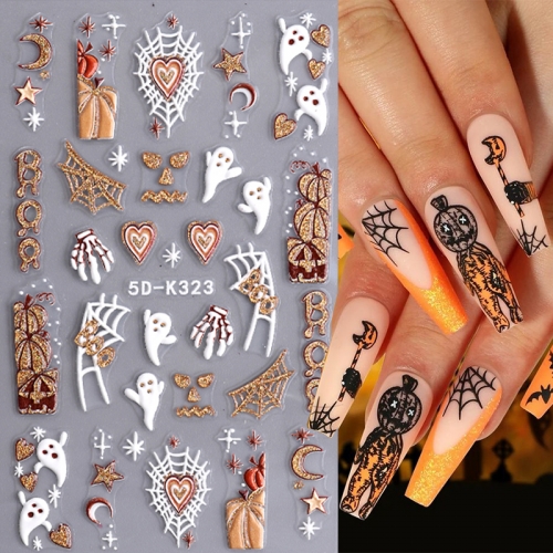 1pcs 5D Glitter Halloween Embossed Nail Stickers Ghost Pumpkin Heart Spider Web Water Drop Blood White Bone Engraved Nail Decoration