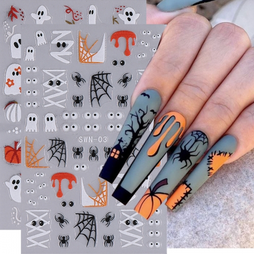 1pcs Halloween Cute Pumpkin Ghost Nail Art Sticker Flower Spider Web Decal Slider Bat Cute Eyes Halloween Women Manicure Decoration