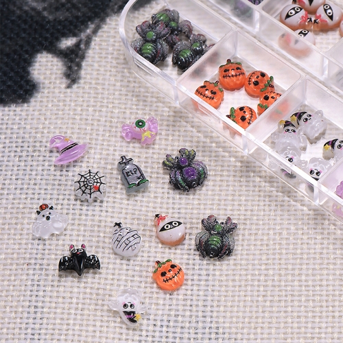 1 Box 3D Halloween Bat Pumpkin Ghost Series Nail Art Charms Parts Cute mini Kawaii Resin Accessories DIY Manicure Decoration