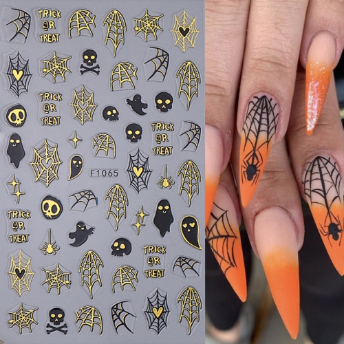 1pcs Halloween Purple Patch Spider Web Nail Art Stickers Black Cat Pumpkin Skull Bone Ghost Slider Nail Decal Manicure Decoration