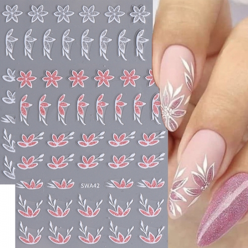 1pcs  Flower Nail Art Stickers Pink Silver Shiny Glitter Petals Autumn Floral Leaves Nail Decals Adhesive DIY Manicure Decor