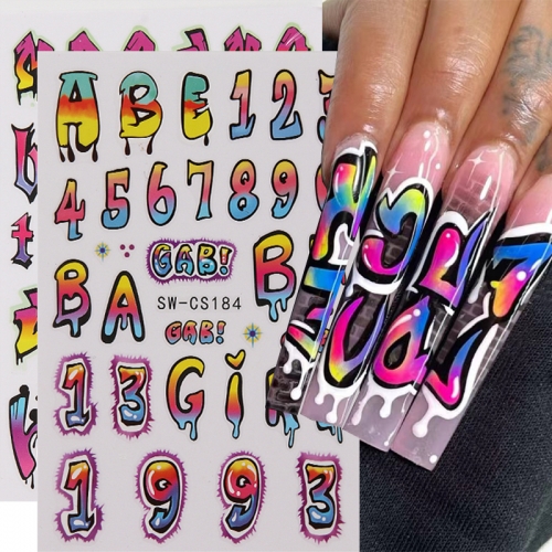 1pcs Number Letter Nail Stickers Colorful Gradient Graffiti English Word Alphabet Symbol DIY Y2K Adhesive Slider Nail Decoration